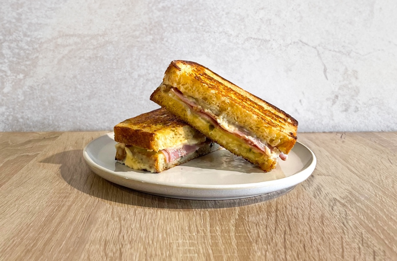 Ham and cheese toastie on a plate